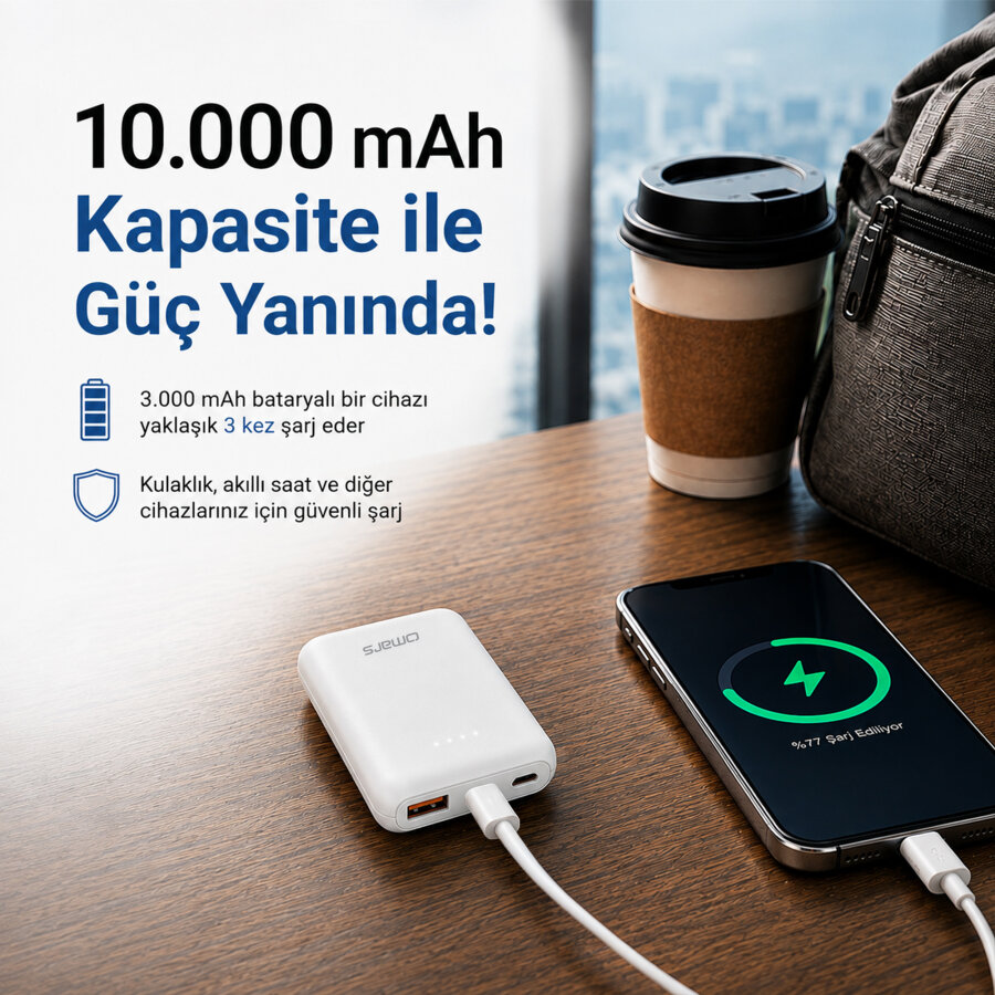 Omars 10000 mAh PD 20W Mini Powerbank Çift Çıkışlı Type-C & USB-A Beyaz - 5