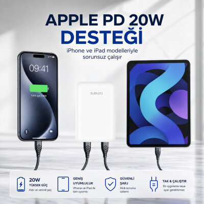 Omars 10000 mAh PD 20W Mini Powerbank Çift Çıkışlı Type-C & USB-A Beyaz - 6