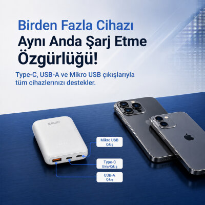 Omars 10000 mAh PD 20W Mini Powerbank Çift Çıkışlı Type-C & USB-A Beyaz - 7