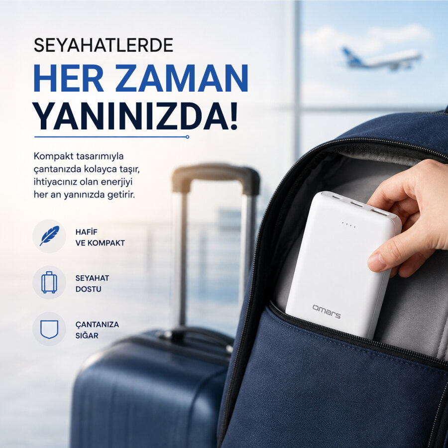 Omars 10000 mAh PD 20W Mini Powerbank Çift Çıkışlı Type-C & USB-A Beyaz - 8