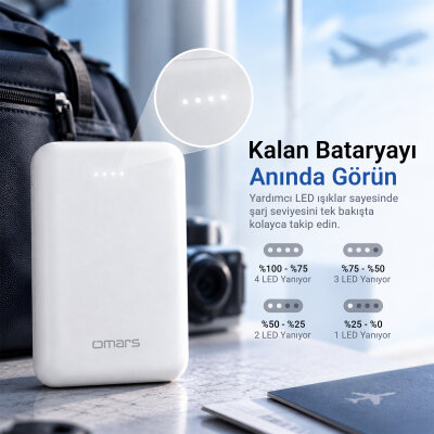 Omars 10000 mAh PD 20W Mini Powerbank Çift Çıkışlı Type-C & USB-A Beyaz - 9