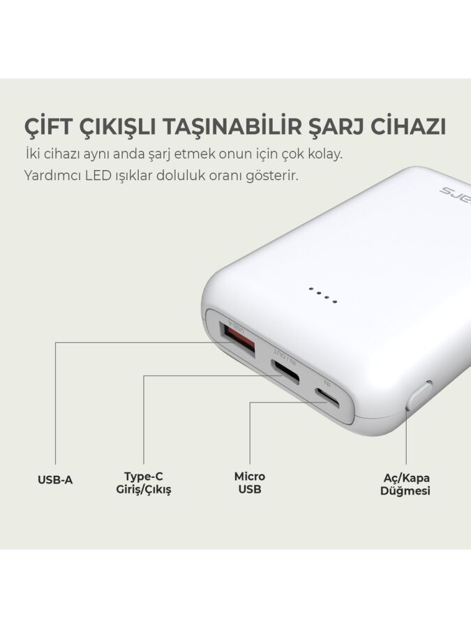 Omars 10000 mAh PD 20W Mini Powerbank Çift Çıkışlı Type-C & USB-A Beyaz - 2