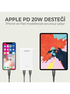 Omars 10000 mAh PD 20W Mini Powerbank Çift Çıkışlı Type-C & USB-A Beyaz - 3