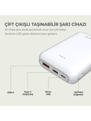 Omars 10000 mAh PD 20W Mini Powerbank Çift Çıkışlı Type-C & USB-A Beyaz - 2