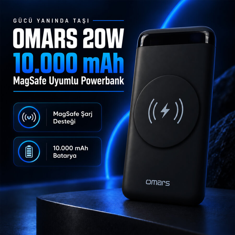 Omars 20W 10000mAh Kablosuz Şarj Powerbank LED Göstergeli USB Type-C ve Magsafe Uyumlu - 2
