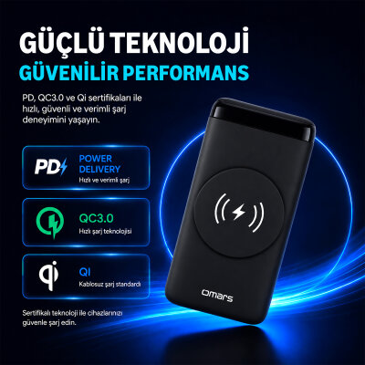 Omars 20W 10000mAh Kablosuz Şarj Powerbank LED Göstergeli USB Type-C ve Magsafe Uyumlu - 7