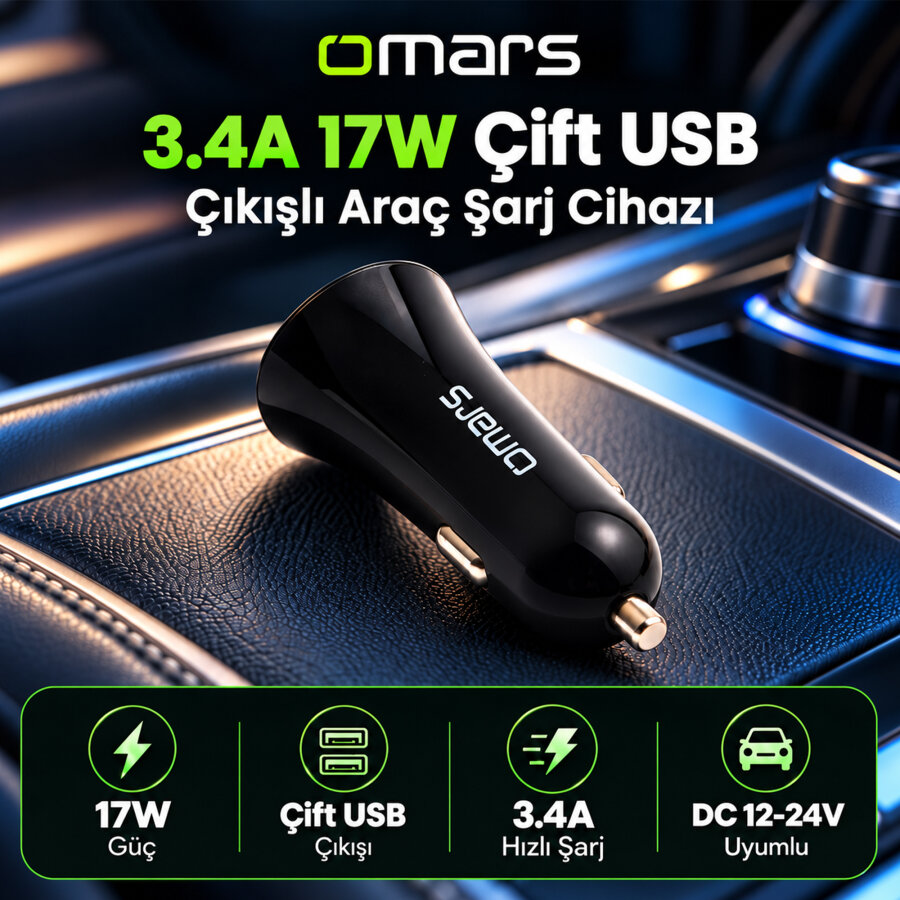 Omars 3.4A 17W Çift USB Çıkışlı Araç Şarj Cihazı - 3