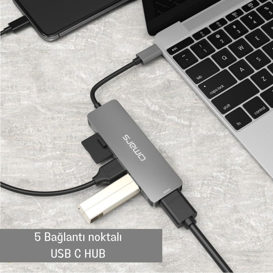Omars 5 Port Type-C 4K HDMI Video Transferi 5Gbps USB 3.1 SD/TF Kart Uyumlu Hub Çoklayıcı Adaptör - 3