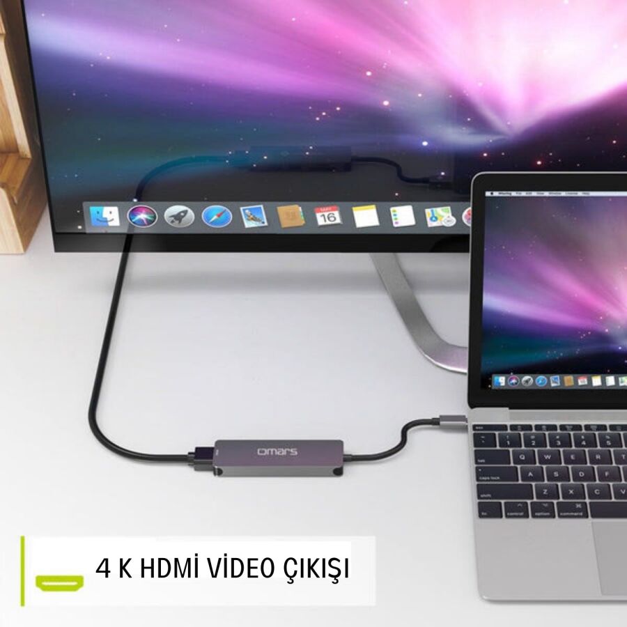 Omars 5 Port Type-C 4K HDMI Video Transferi 5Gbps USB 3.1 SD/TF Kart Uyumlu Hub Çoklayıcı Adaptör - 4