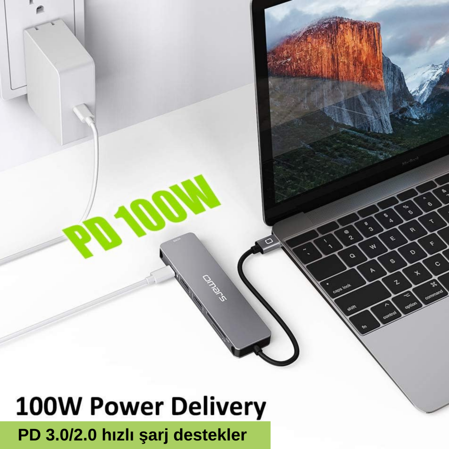 Omars 6 Port Type-C USB 3.1 PD 4K HDMI Video Transferi SD/TF Kart Uyumlu Hub Dönüştürücü Adaptör - 5