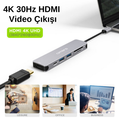 Omars 6 Port Type-C USB 3.1 PD 4K HDMI Video Transferi SD/TF Kart Uyumlu Hub Dönüştürücü Adaptör - 6