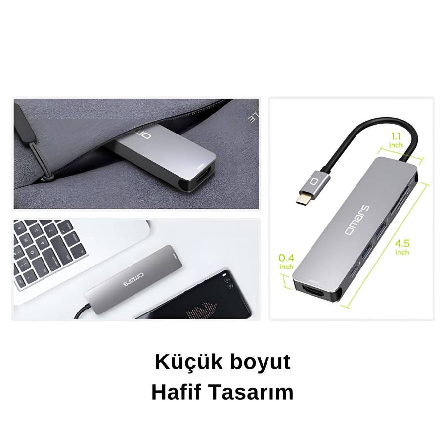Omars 6 Port Type-C USB 3.1 PD 4K HDMI Video Transferi SD/TF Kart Uyumlu Hub Dönüştürücü Adaptör - 2