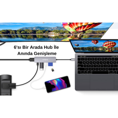 Omars 6 Port Type-C USB 3.1 PD 4K HDMI Video Transferi SD/TF Kart Uyumlu Hub Dönüştürücü Adaptör - 3