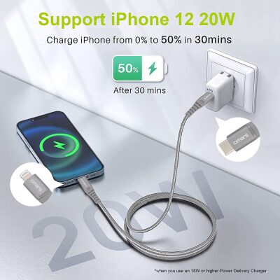 Omars iPhone Type-C to Lightning Örgülü Hızlı Şarj ve Data Kablosu 1 Metre Gri - 3