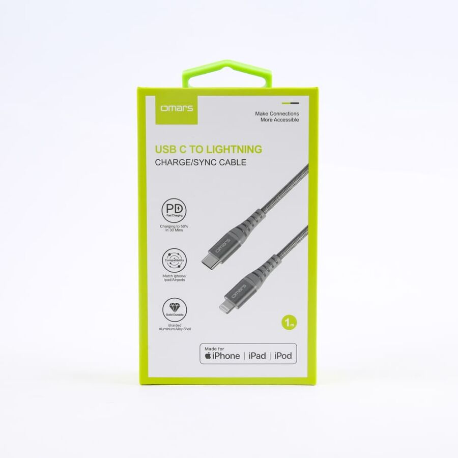 Omars iPhone Type-C to Lightning Örgülü Hızlı Şarj ve Data Kablosu 1 Metre Gri - 5