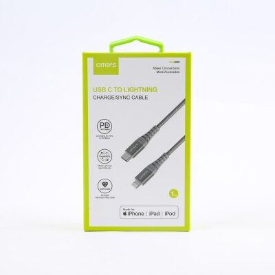 Omars iPhone Type-C to Lightning Örgülü Hızlı Şarj ve Data Kablosu 1 Metre Gri - 5