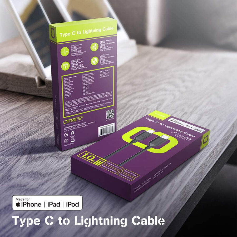 Omars Type-C iPhone MFI Lightning PD Hızlı Şarj Kablosu Siyah 1 Metre - 4