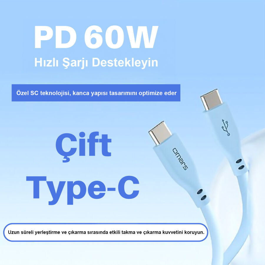 Omars Type-C to Type-C Silikon PD Hızlı Şarj Kablosu Mavi - 2