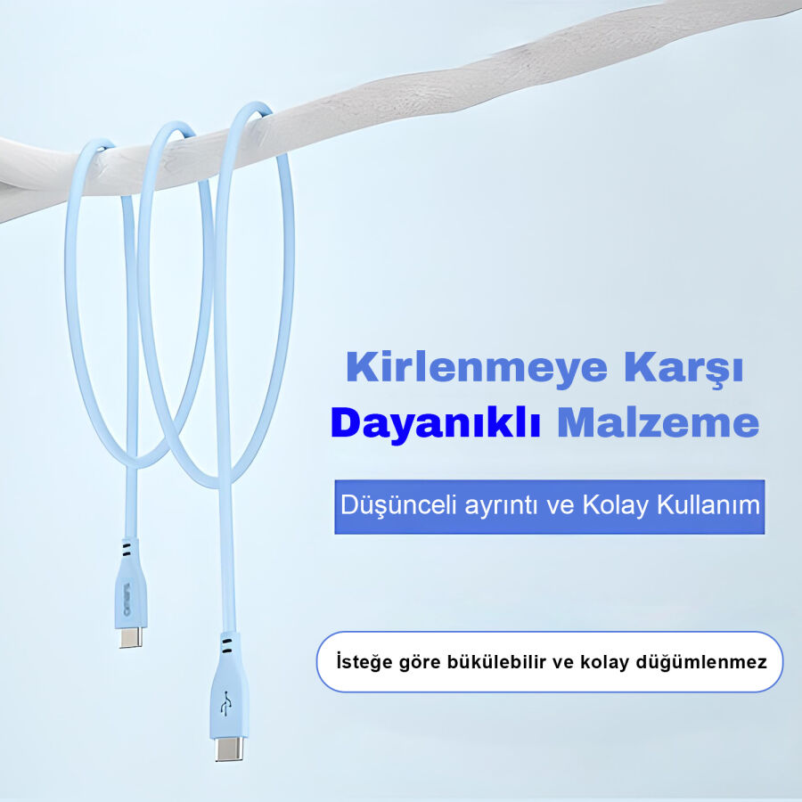 Omars Type-C to Type-C Silikon PD Hızlı Şarj Kablosu Mavi - 3