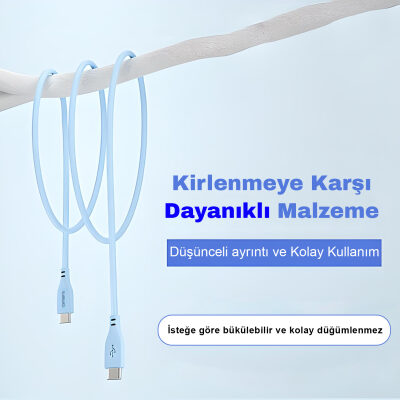 Omars Type-C to Type-C Silikon PD Hızlı Şarj Kablosu Mavi - 3