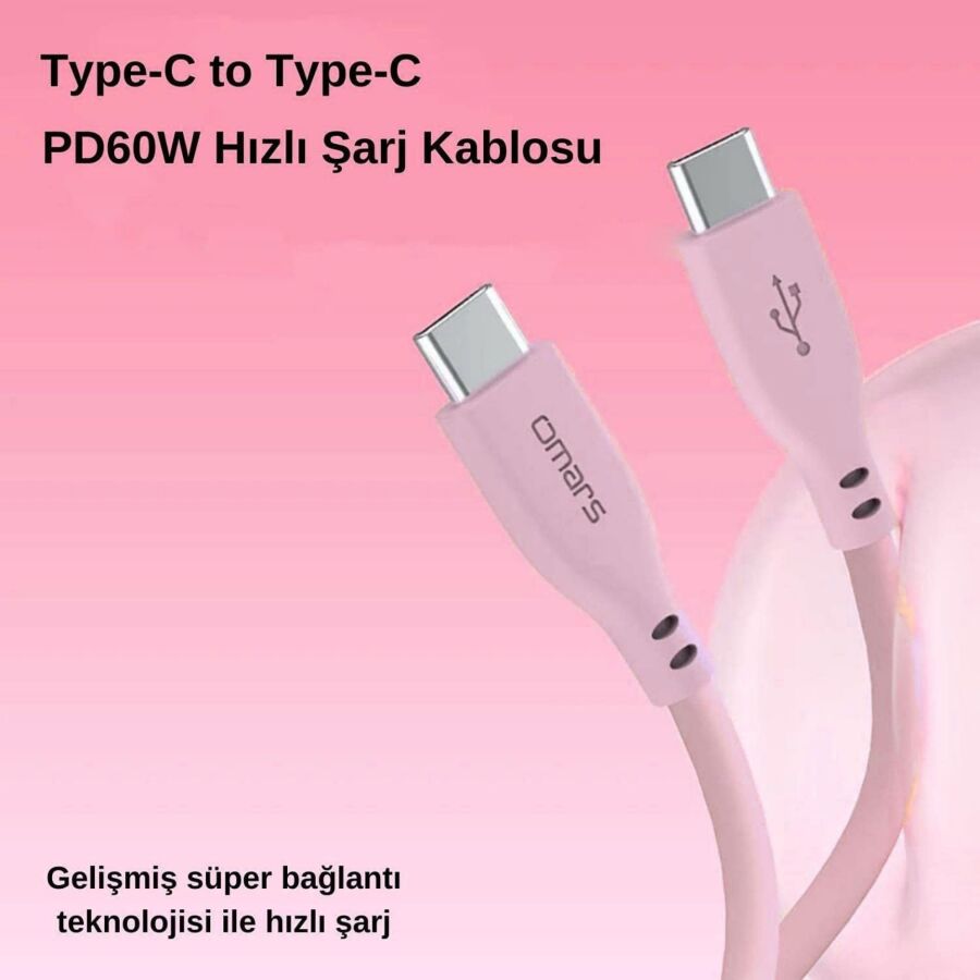 Omars Type-C to Type-C Silikon PD Hızlı Şarj Kablosu Pembe - 2