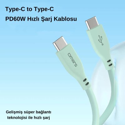 Omars Type-C to Type-C Silikon PD Hızlı Şarj Kablosu Yeşil - 2