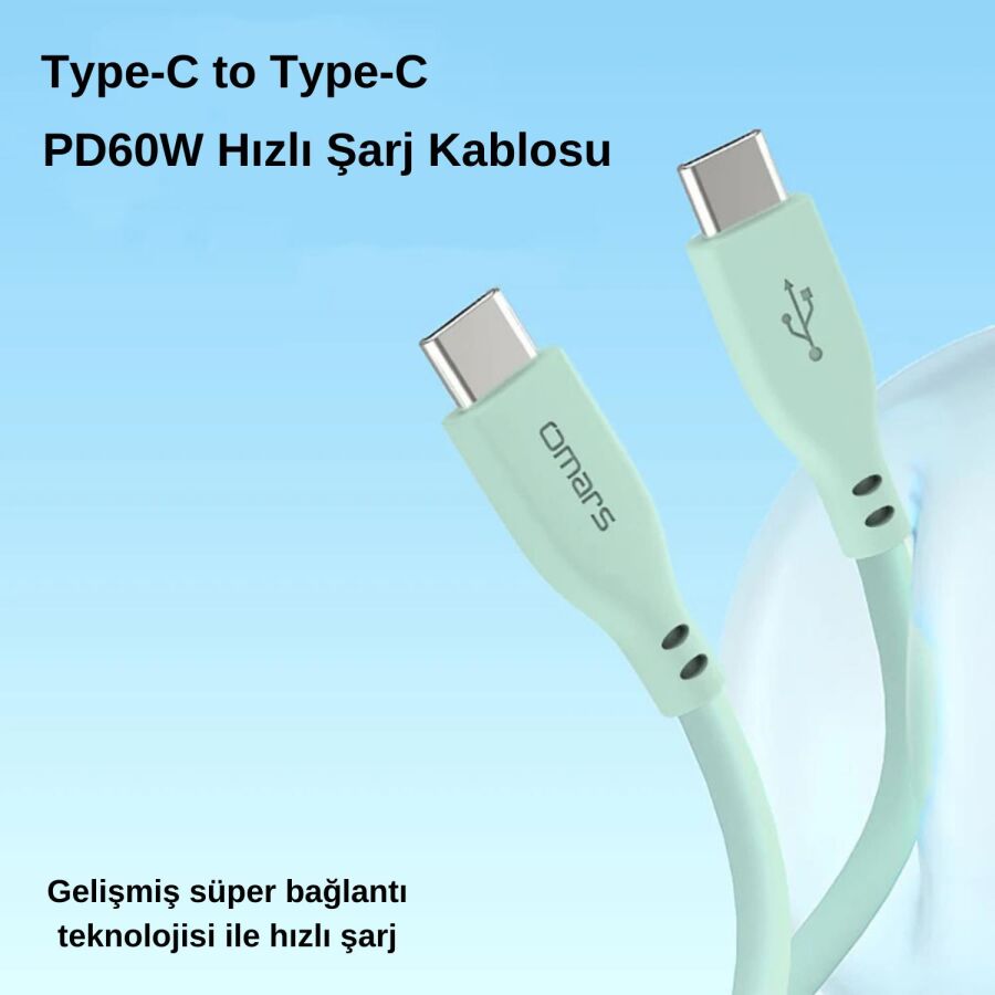 Omars Type-C to Type-C Silikon PD Hızlı Şarj Kablosu Yeşil - 2