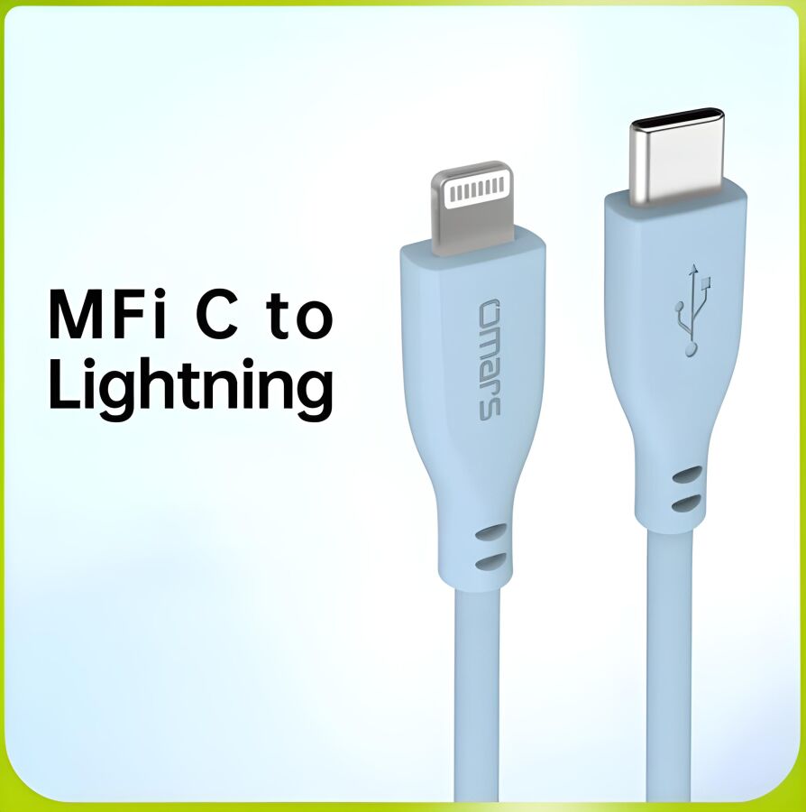 Omars USB-C to MFI Lightning iPhone Silikon PD Hızlı Şarj Kablosu Mavi - 2