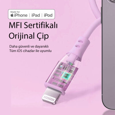 Omars USB-C to MFI Lightning iPhone Silikon PD Hızlı Şarj Kablosu Pembe - 2