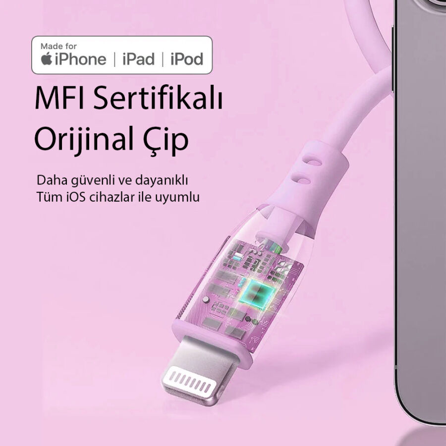 Omars USB-C to MFI Lightning iPhone Silikon PD Hızlı Şarj Kablosu Pembe - 2