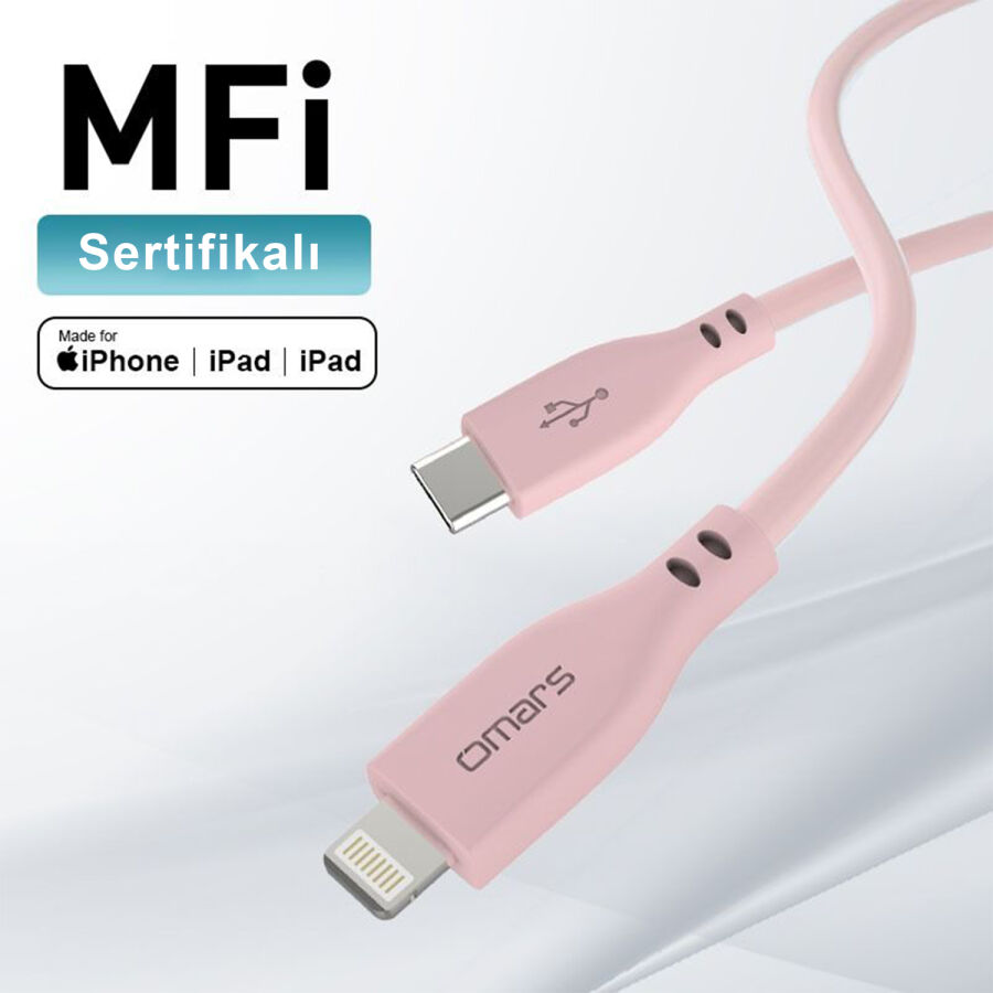 Omars USB-C to MFI Lightning iPhone Silikon PD Hızlı Şarj Kablosu Pembe - 4