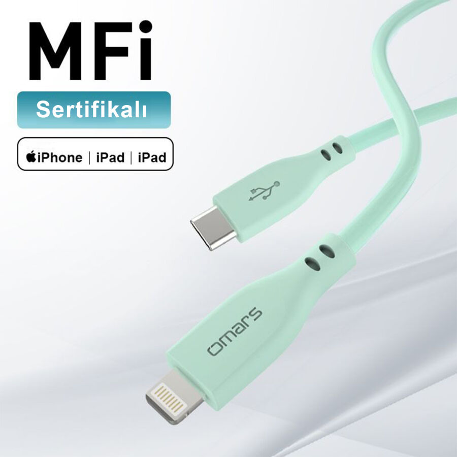 Omars USB-C to MFI Lightning iPhone Silikon PD Hızlı Şarj Kablosu Yeşil - 3