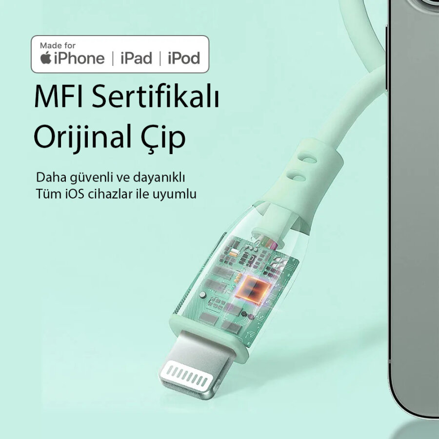 Omars USB-C to MFI Lightning iPhone Silikon PD Hızlı Şarj Kablosu Yeşil - 2