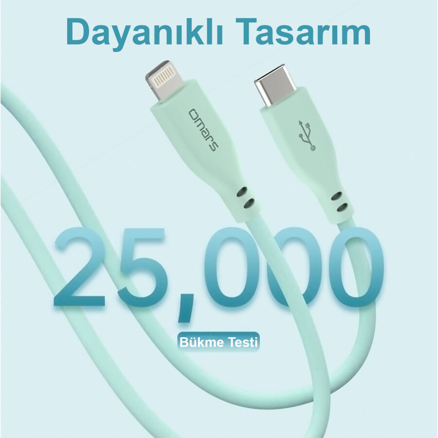 Omars USB-C to MFI Lightning iPhone Silikon PD Hızlı Şarj Kablosu Yeşil - 5