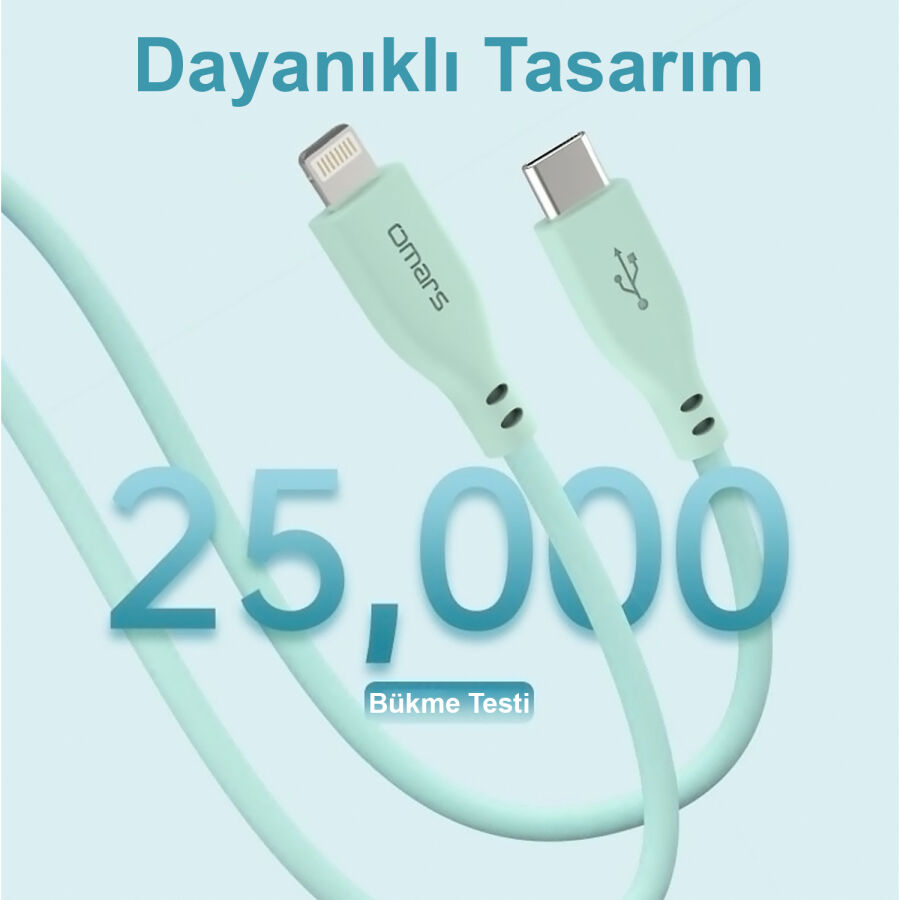 Omars USB-C to MFI Lightning iPhone Silikon PD Hızlı Şarj Kablosu Yeşil - 5