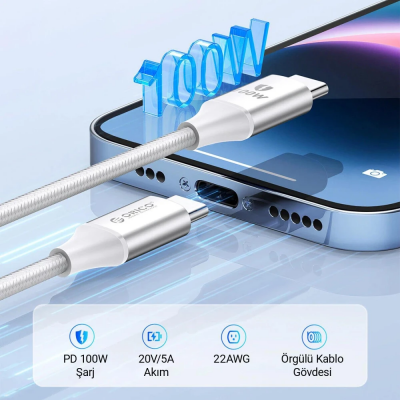Orico 100W 5A PD Type-C to Type-C Hızlı Şarj ve Data Kablosu 1 Metre Beyaz - 4