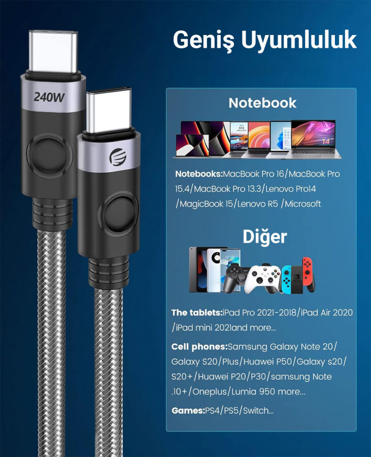 Orico 240W 5A PD Type-C to Type-C Hızlı Şarj ve Data Kablosu 1.5 Metre - 8