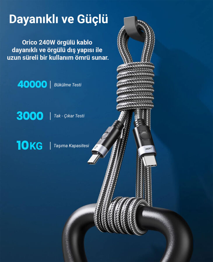 Orico 240W 5A PD Type-C to Type-C Hızlı Şarj ve Data Kablosu 1.5 Metre - 9