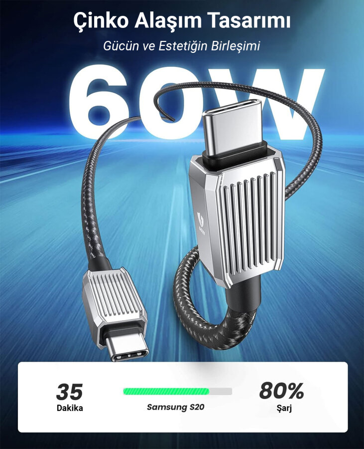 Orico 60W 3A PD Type-C to Type-C Hızlı Şarj ve Data Kablosu 1 Metre - 3