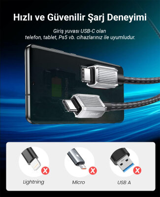 Orico 60W 3A PD Type-C to Type-C Hızlı Şarj ve Data Kablosu 1 Metre - 4