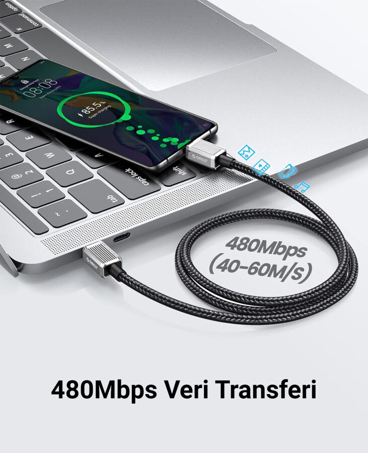 Orico 60W 3A PD Type-C to Type-C Hızlı Şarj ve Data Kablosu 1 Metre - 5