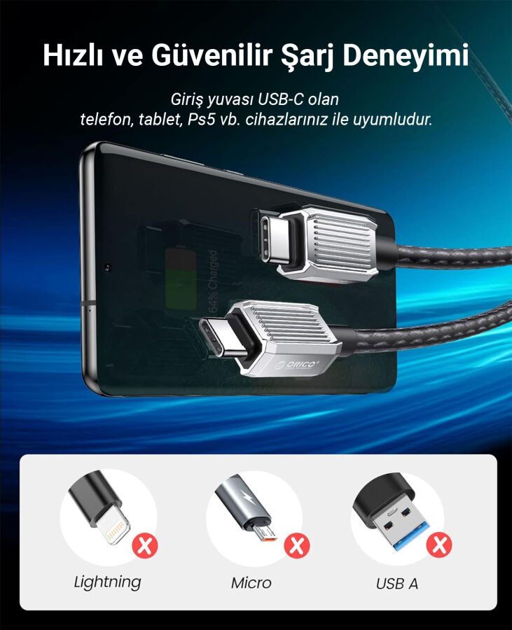 Orico 60W 3A PD Type-C to Type-C Hızlı Şarj ve Data Kablosu 1 Metre - 4