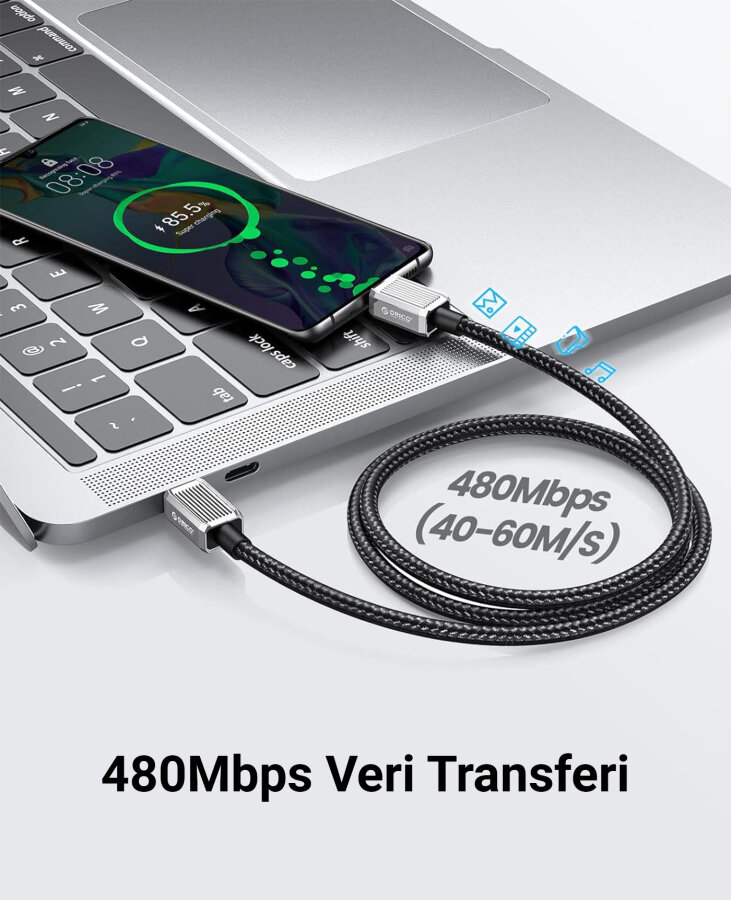 Orico 60W 3A PD Type-C to Type-C Hızlı Şarj ve Data Kablosu 1.5 Metre - 5
