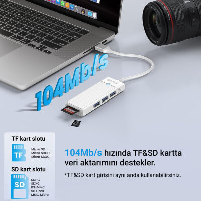 Orico USB 3.0 to 3.0 TF SD Kart Okuyucu 3 Portlu USB 3.0 Çoklayıcı Adaptör Beyaz - 2