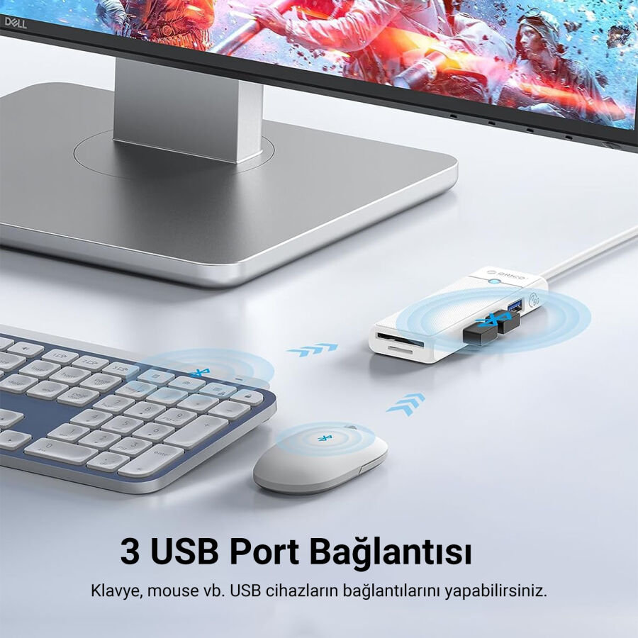 Orico USB 3.0 to 3.0 TF SD Kart Okuyucu 3 Portlu USB 3.0 Çoklayıcı Adaptör Beyaz - 3