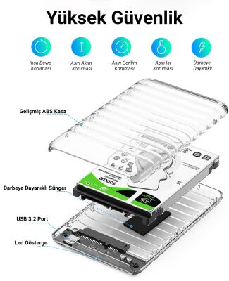 Orico USB3.2 Gen2 6Gbps Type-C 2.5” inch SATA SSD Hard Disk Kutusu Şeffaf - 6