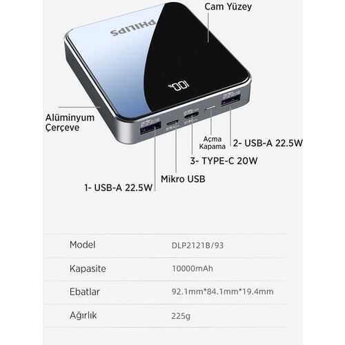 Philips 10000 mAh Powerbank 22.5W PD 4 Portlu LED Göstergeli Taşınabilir Hızlı Şarj Cihazı - 8