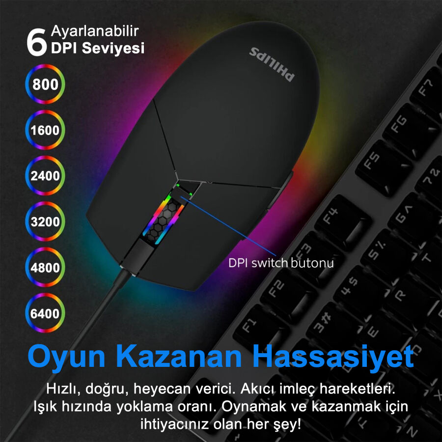 Philips Ambiglow Gaming Mouse 6400 DPI RGB Işıklandırma 6 Butonlu Kablolu Oyuncu Mouse - 10