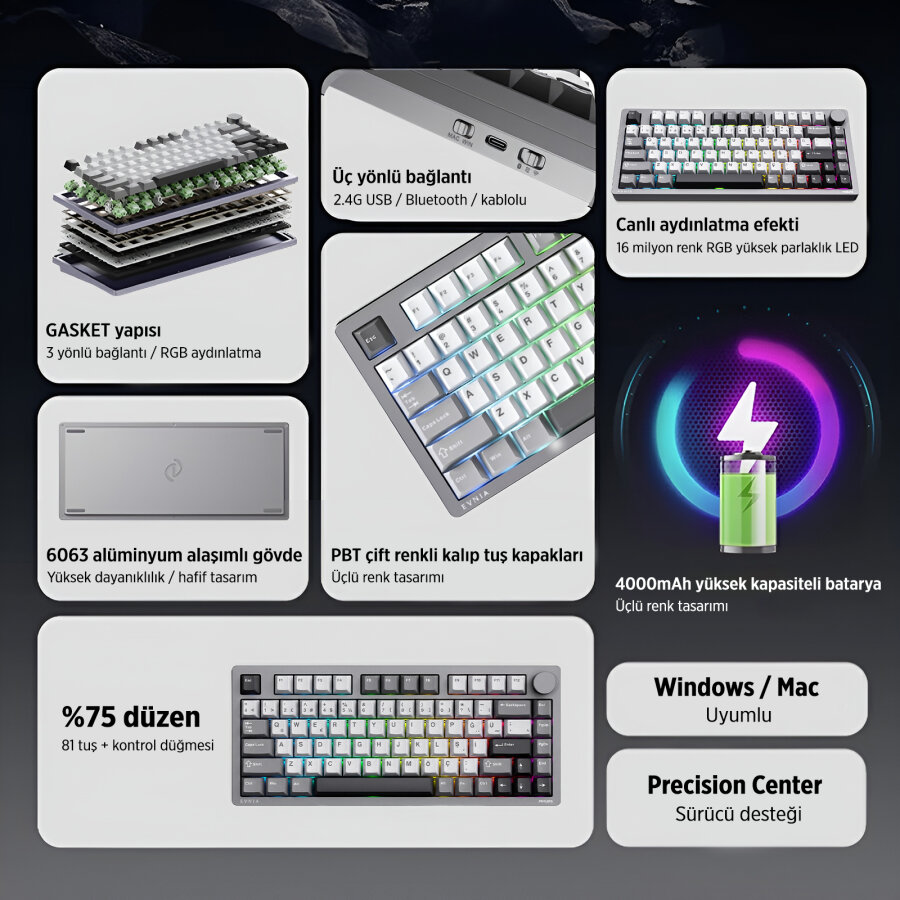 Philips Evnia SPK8618UPRH HotSwap Makrolu 3 Modlu Metal Gaming Oyuncu Klavyesi Mor - 3