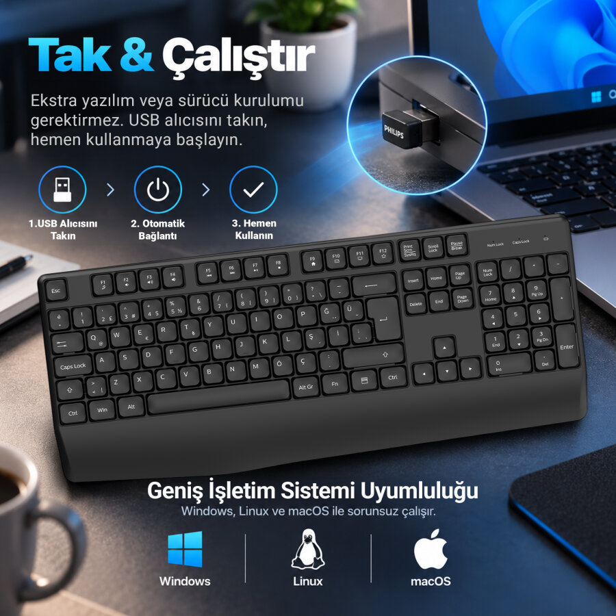 Philips SPK6348B 2.4G Kablosuz Türkçe Q Klavye Siyah - 5